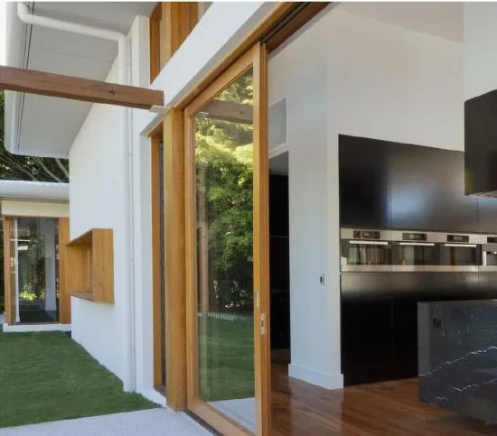 Corner detail of a pocketing sliding door system