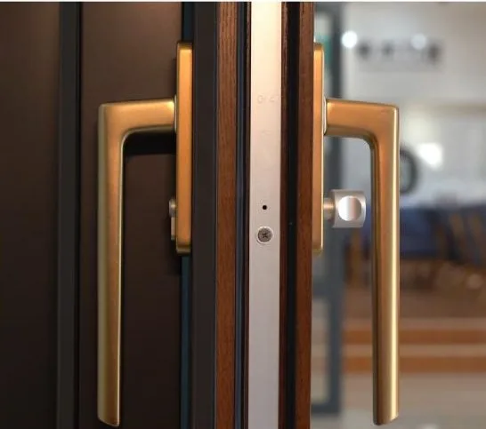 Close-up of a lift and slide door pull handle