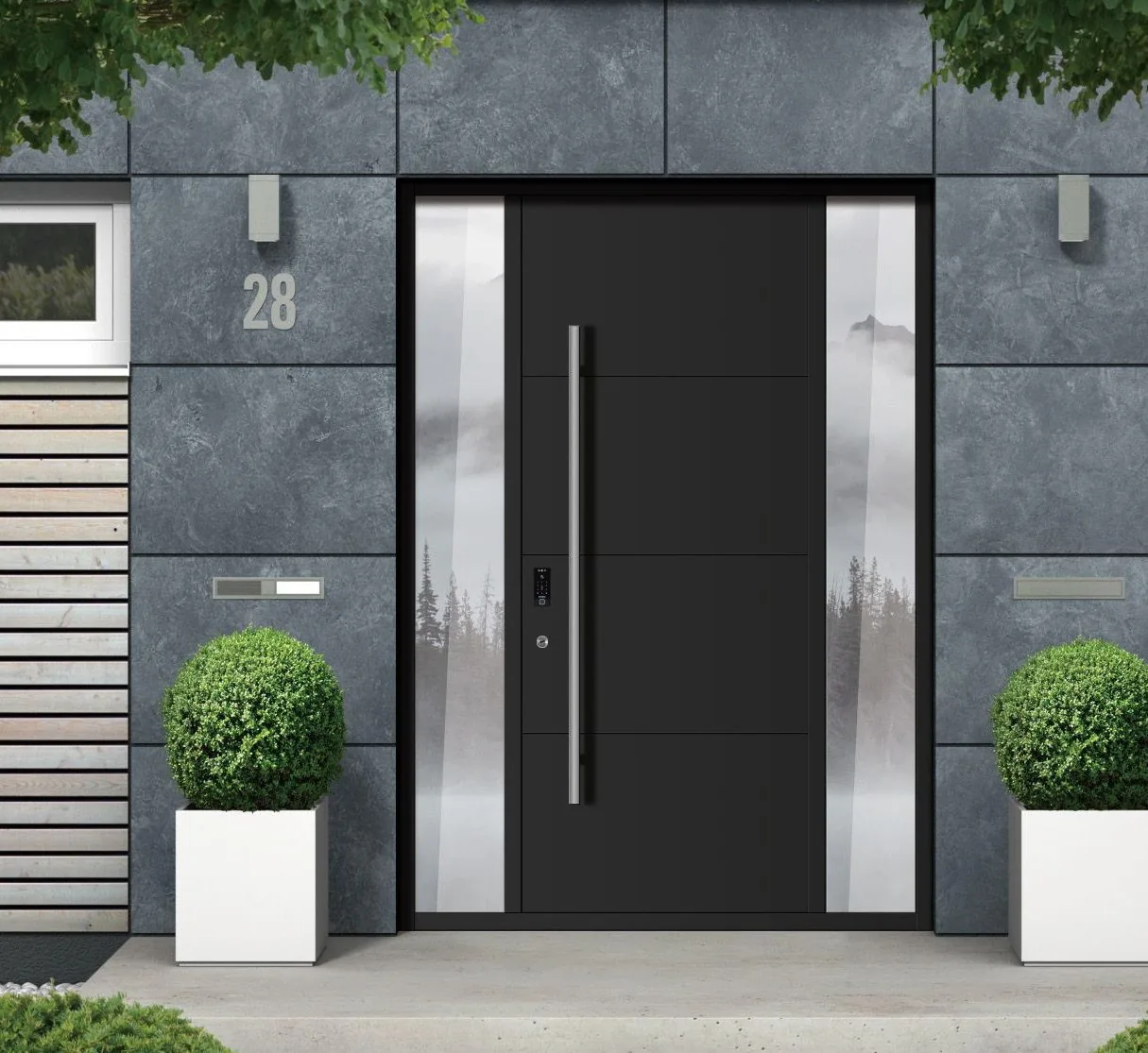 Aluminum entry door set into a grey stone facade
