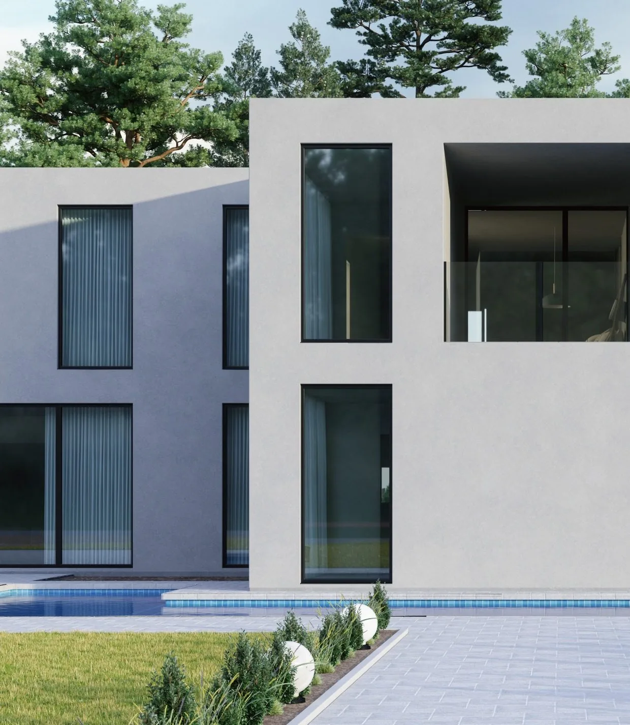 Slim aluminum corner windows on a finished white house