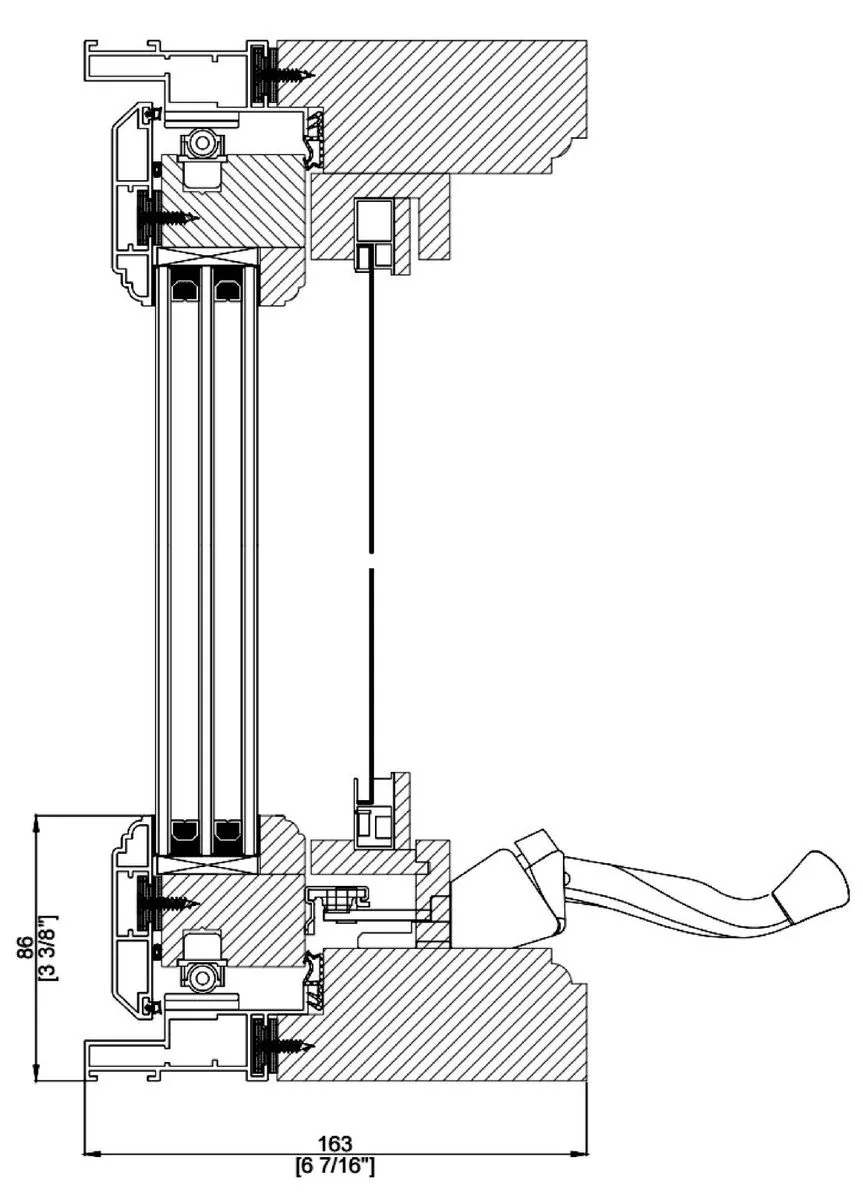 Dimensioned technical section drawing of a frame profile